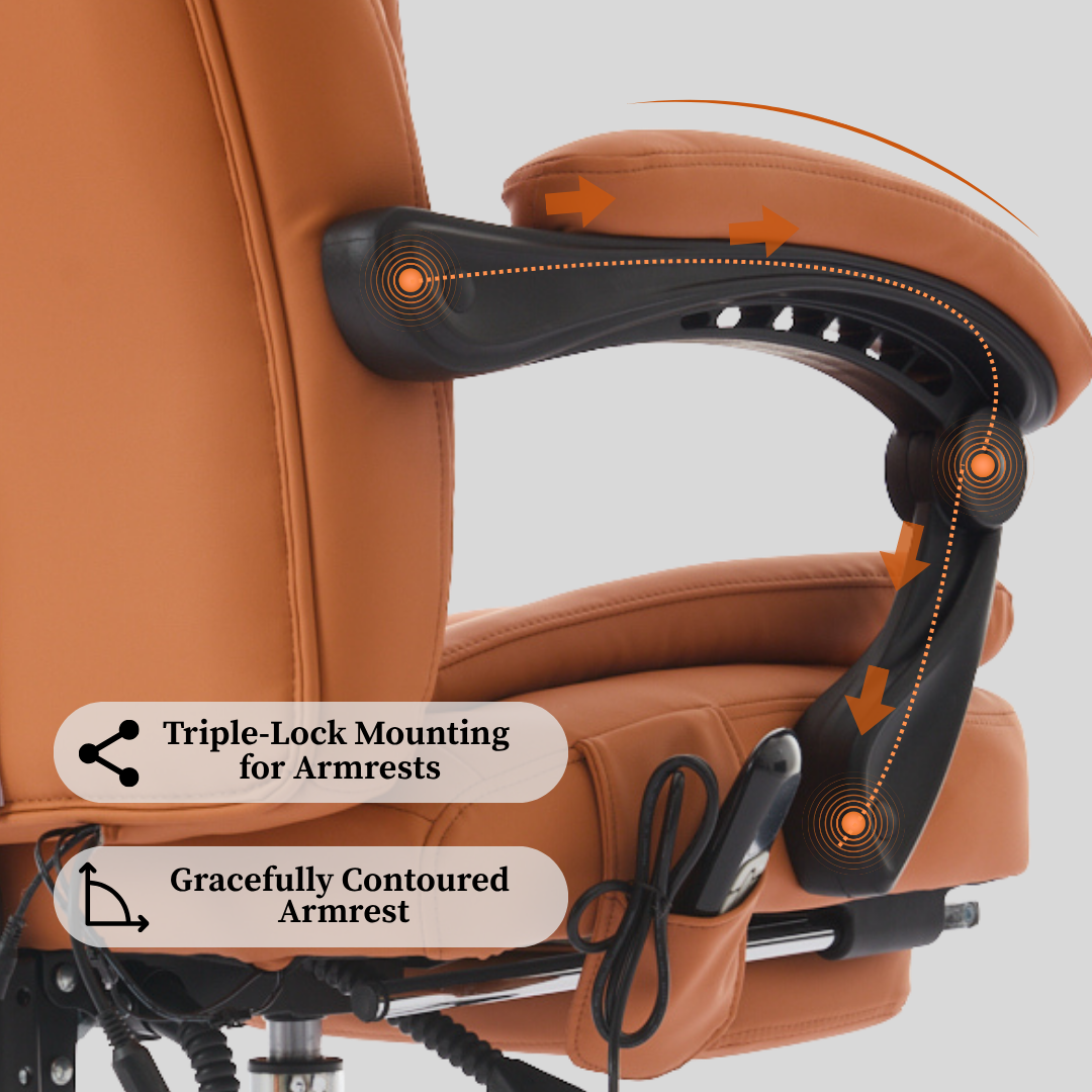 Brown office chair with contoured armrests and text labels on a gray background