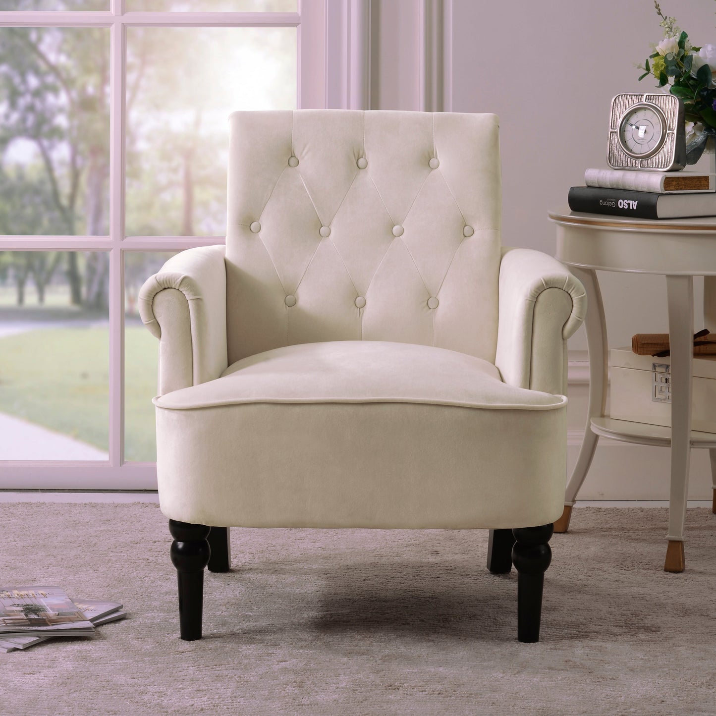 Button Tufted Club Accent Armchairs with Wooden Legs