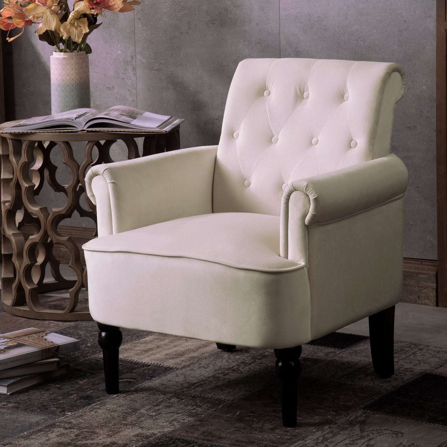 Button Tufted Club Accent Armchairs with Wooden Legs