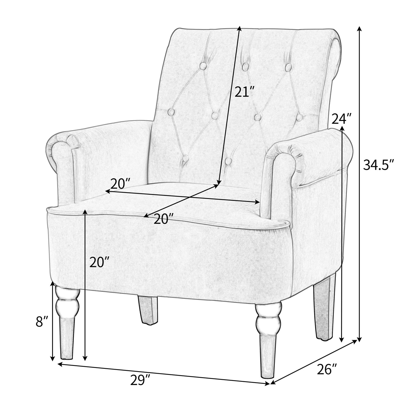 Button Tufted Club Accent Armchairs with Wooden Legs