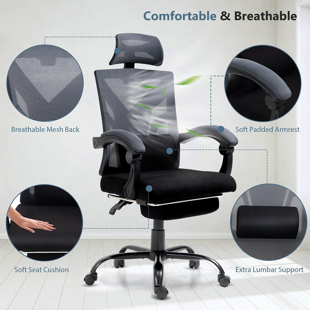 Reclining Office Chair with Footrest, Adjustable Lumbar Support